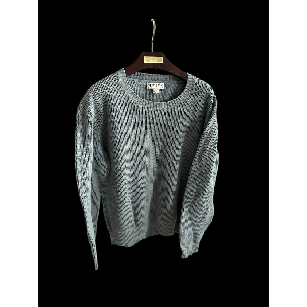 Reiss Sweater Womens XL Cotton Blue‎ Gray Chunky Knit Pullover